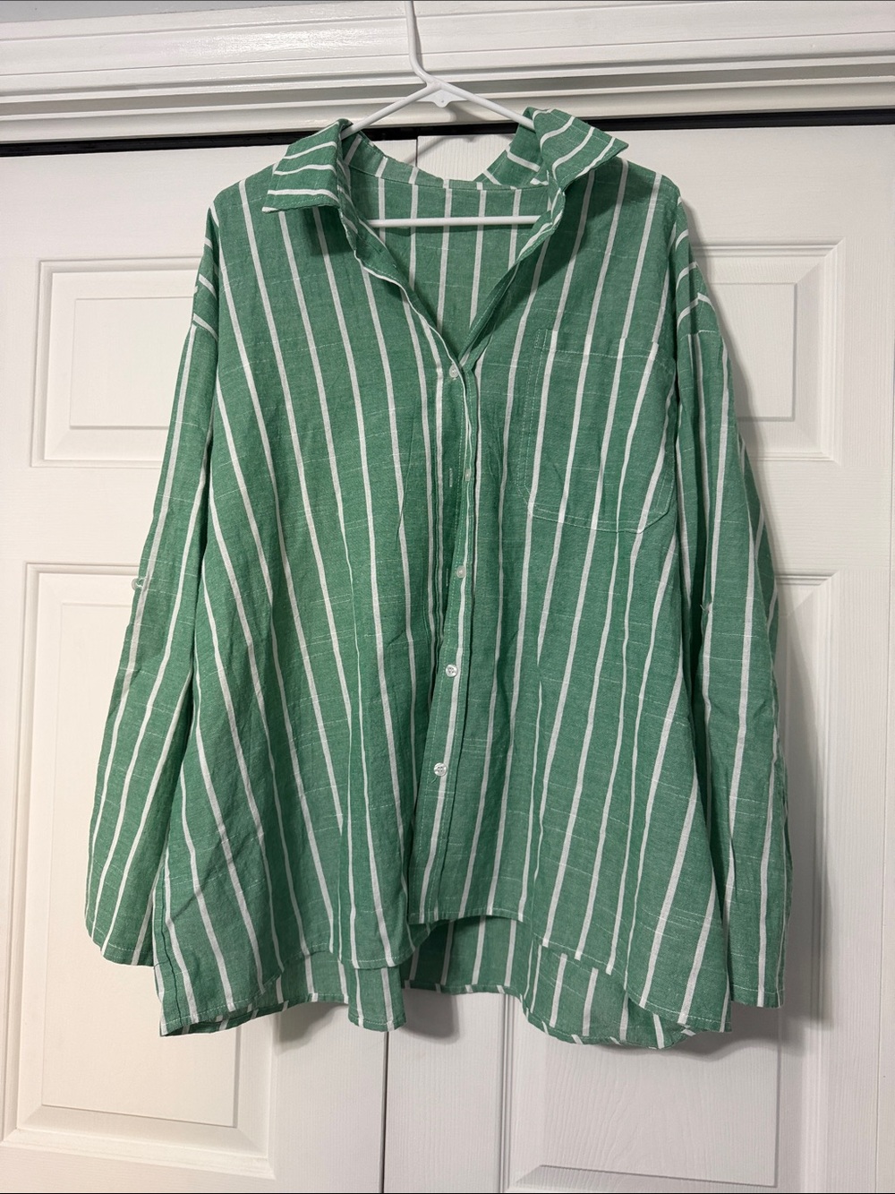 Green and White Striped Button-Up Thin Shirt